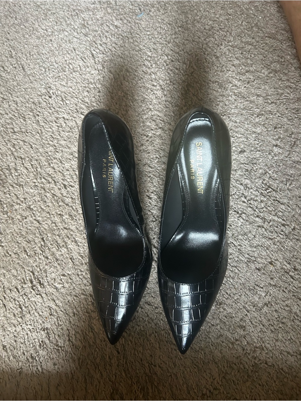 Saint Laurent Black Croc-Embossed Pointed Toe Pumps